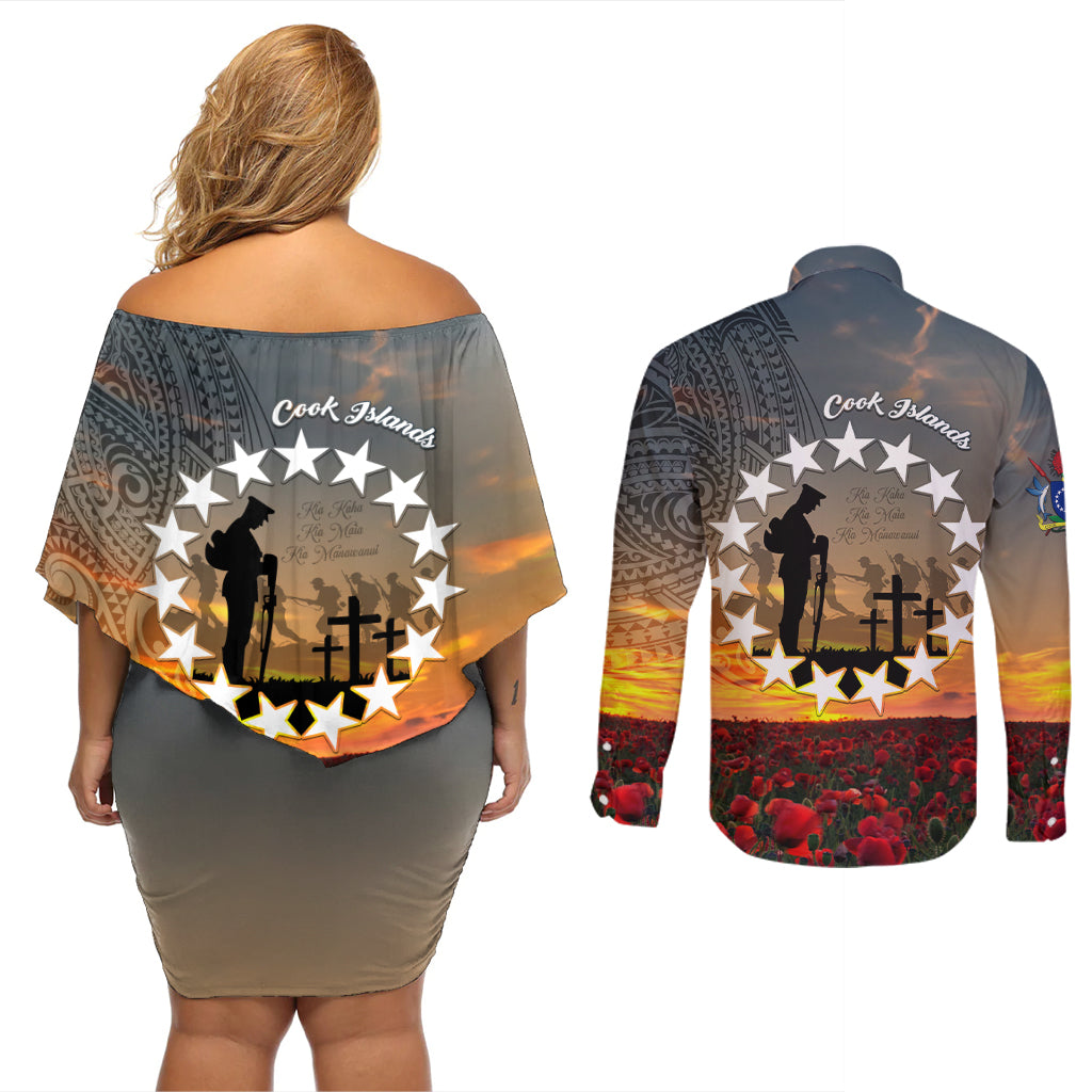Cook Islands ANZAC Day Couples Matching Off Shoulder Short Dress and Long Sleeve Button Shirt Lest We Forget LT05 - Polynesian Pride