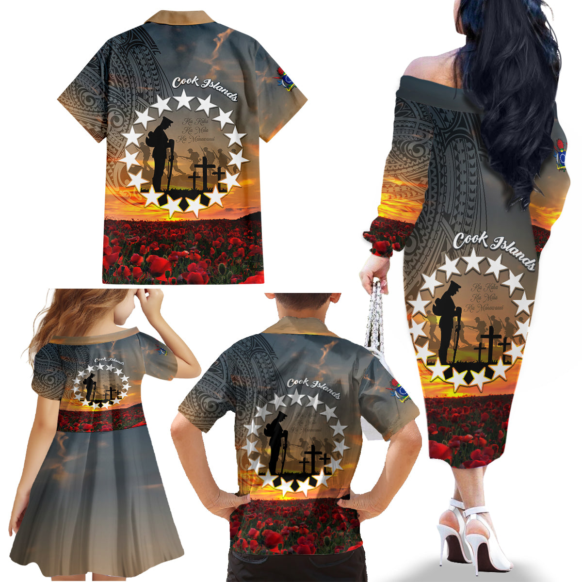 Cook Islands ANZAC Day Family Matching Off Shoulder Long Sleeve Dress and Hawaiian Shirt Lest We Forget LT05 - Polynesian Pride