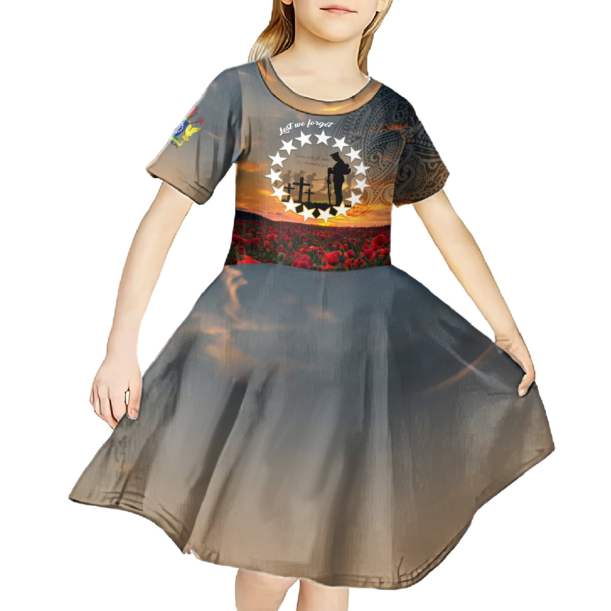 Cook Islands ANZAC Day Kid Short Sleeve Dress Lest We Forget LT05 - Polynesian Pride