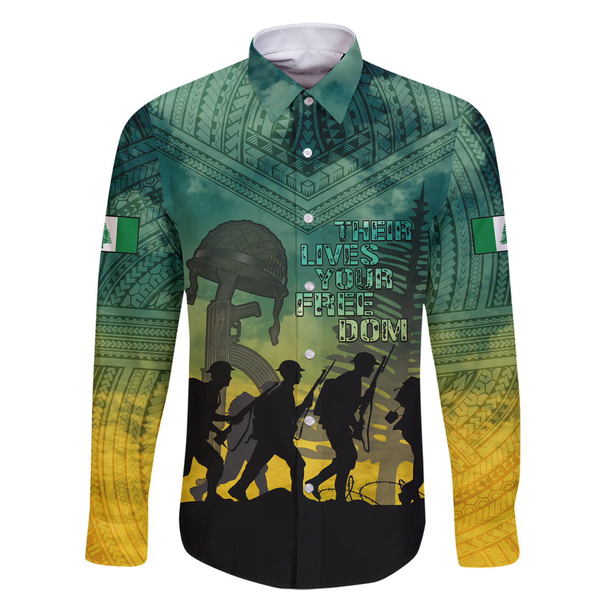 Norfolk Island ANZAC Day Family Matching Long Sleeve Bodycon Dress and Hawaiian Shirt Lest We Forget LT05 Dad's Shirt - Long Sleeve Dark Cyan - Polynesian Pride