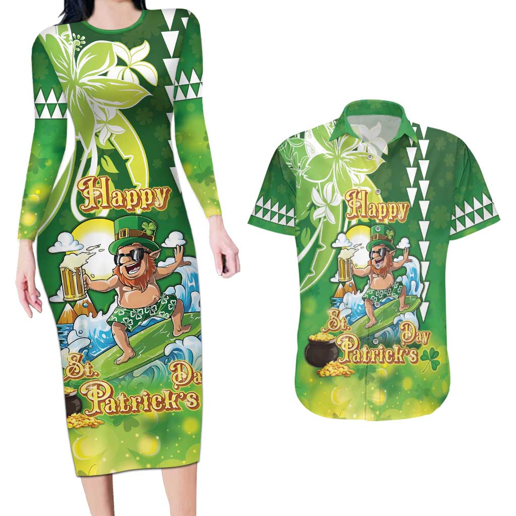 Hawaii Saint Patrick's Day Couples Matching Long Sleeve Bodycon Dress and Hawaiian Shirt Funny Surfing Leprechaun LT05 Green - Polynesian Pride