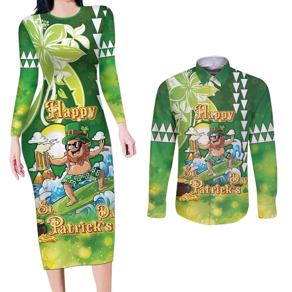 Hawaii Saint Patrick's Day Couples Matching Long Sleeve Bodycon Dress and Long Sleeve Button Shirt Funny Surfing Leprechaun LT05 Green - Polynesian Pride