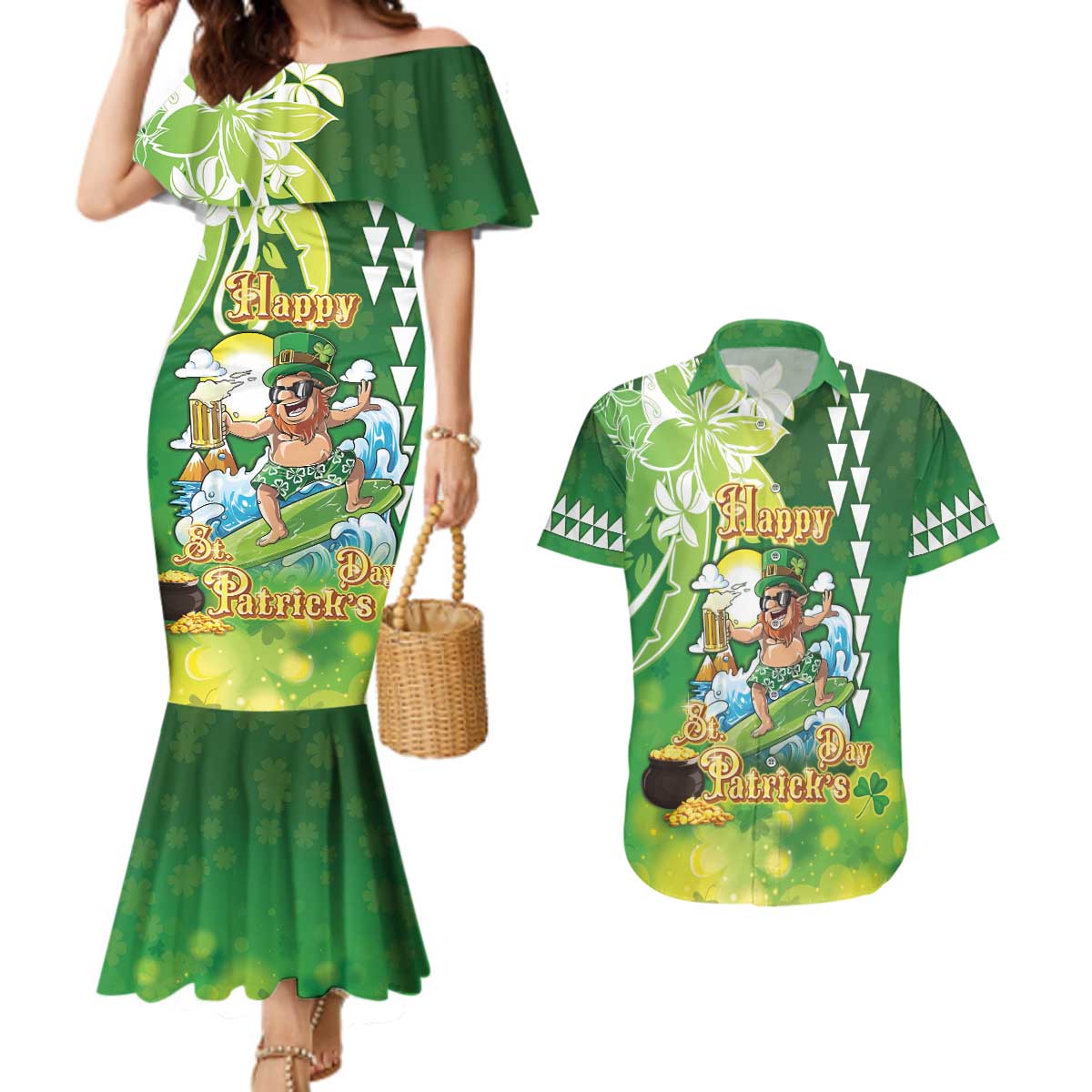 Hawaii Saint Patrick's Day Couples Matching Mermaid Dress and Hawaiian Shirt Funny Surfing Leprechaun LT05 Green - Polynesian Pride