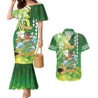 Hawaii Saint Patrick's Day Couples Matching Mermaid Dress and Hawaiian Shirt Funny Surfing Leprechaun