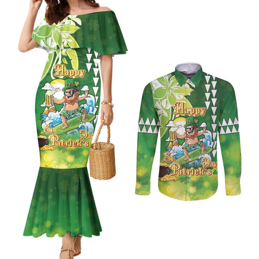 Hawaii Saint Patrick's Day Couples Matching Mermaid Dress and Long Sleeve Button Shirt Funny Surfing Leprechaun LT05 Green - Polynesian Pride