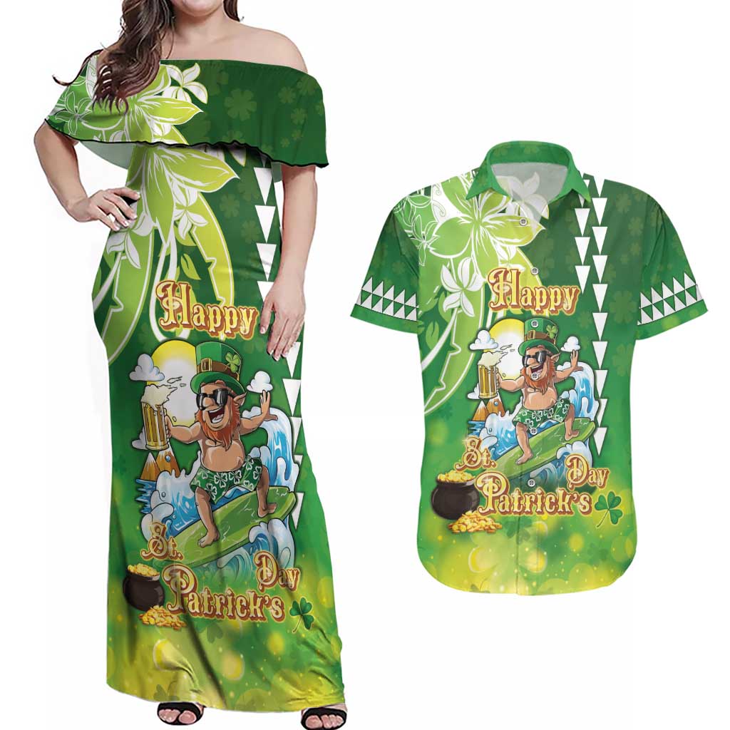 Hawaii Saint Patrick's Day Couples Matching Off Shoulder Maxi Dress and Hawaiian Shirt Funny Surfing Leprechaun LT05 Green - Polynesian Pride