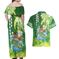 Hawaii Saint Patrick's Day Couples Matching Off Shoulder Maxi Dress and Hawaiian Shirt Funny Surfing Leprechaun