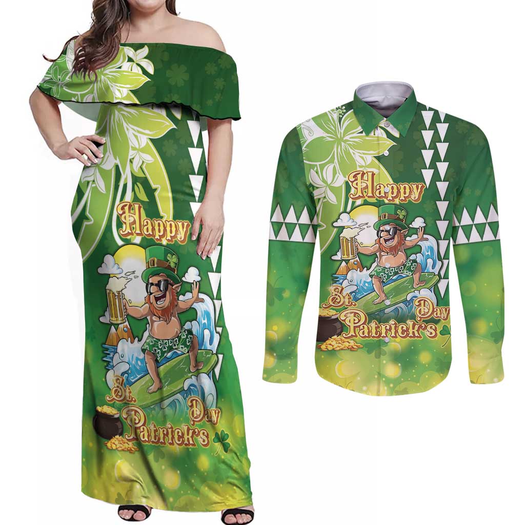 Hawaii Saint Patrick's Day Couples Matching Off Shoulder Maxi Dress and Long Sleeve Button Shirt Funny Surfing Leprechaun LT05 Green - Polynesian Pride
