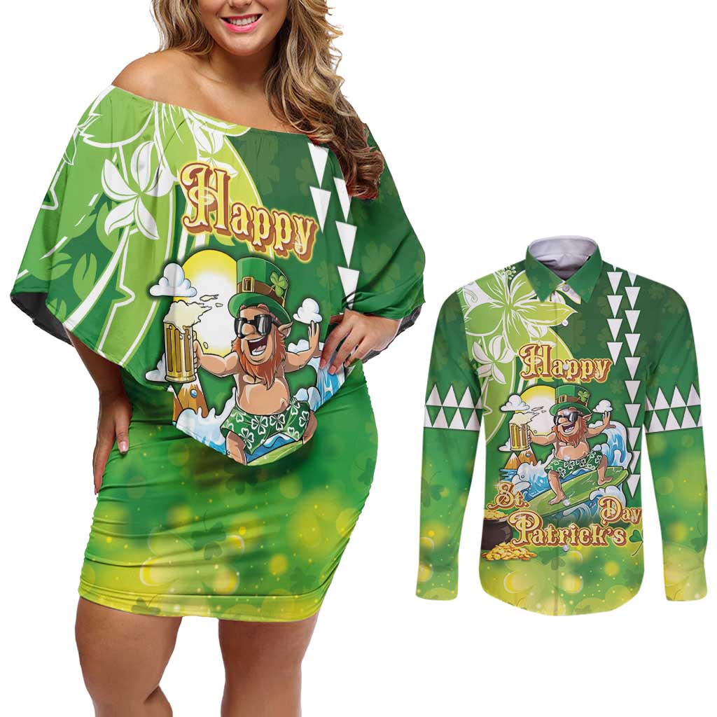 Hawaii Saint Patrick's Day Couples Matching Off Shoulder Short Dress and Long Sleeve Button Shirt Funny Surfing Leprechaun LT05 Green - Polynesian Pride