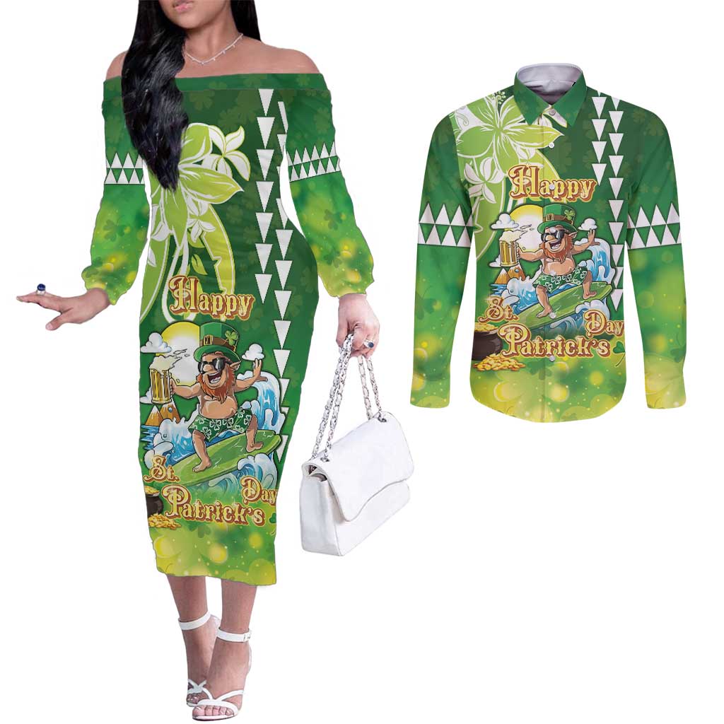Hawaii Saint Patrick's Day Couples Matching Off The Shoulder Long Sleeve Dress and Long Sleeve Button Shirt Funny Surfing Leprechaun LT05 Green - Polynesian Pride