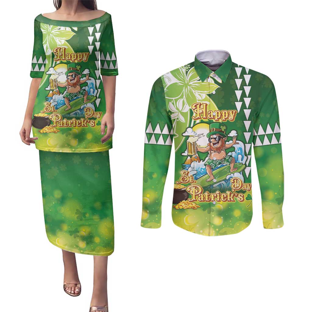 Hawaii Saint Patrick's Day Couples Matching Puletasi and Long Sleeve Button Shirt Funny Surfing Leprechaun LT05 Green - Polynesian Pride