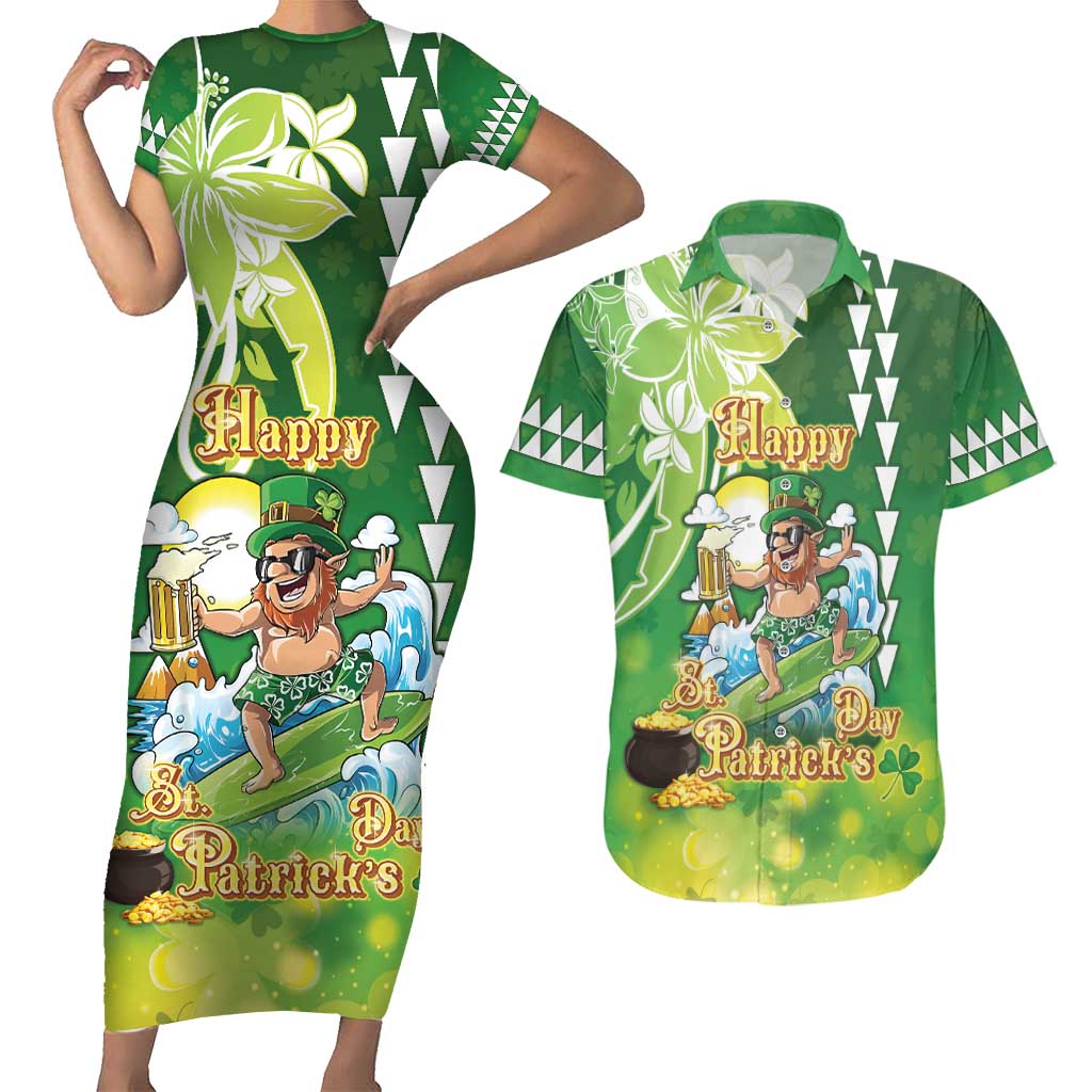 Hawaii Saint Patrick's Day Couples Matching Short Sleeve Bodycon Dress and Hawaiian Shirt Funny Surfing Leprechaun LT05 Green - Polynesian Pride