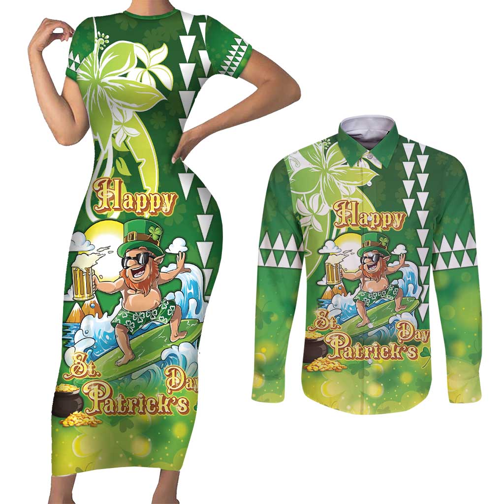 Hawaii Saint Patrick's Day Couples Matching Short Sleeve Bodycon Dress and Long Sleeve Button Shirt Funny Surfing Leprechaun LT05 Green - Polynesian Pride