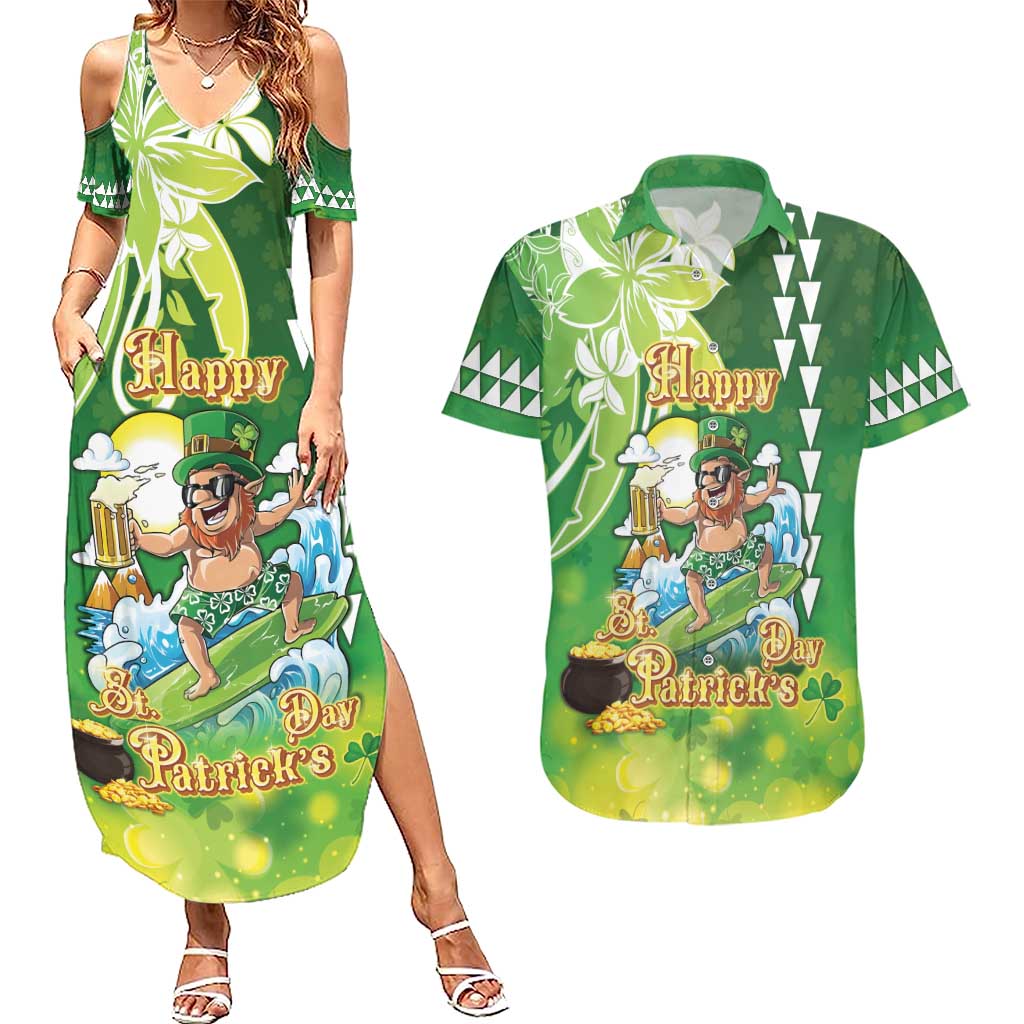 Hawaii Saint Patrick's Day Couples Matching Summer Maxi Dress and Hawaiian Shirt Funny Surfing Leprechaun LT05 Green - Polynesian Pride