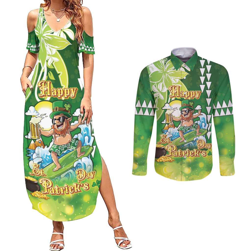 Hawaii Saint Patrick's Day Couples Matching Summer Maxi Dress and Long Sleeve Button Shirt Funny Surfing Leprechaun LT05 Green - Polynesian Pride