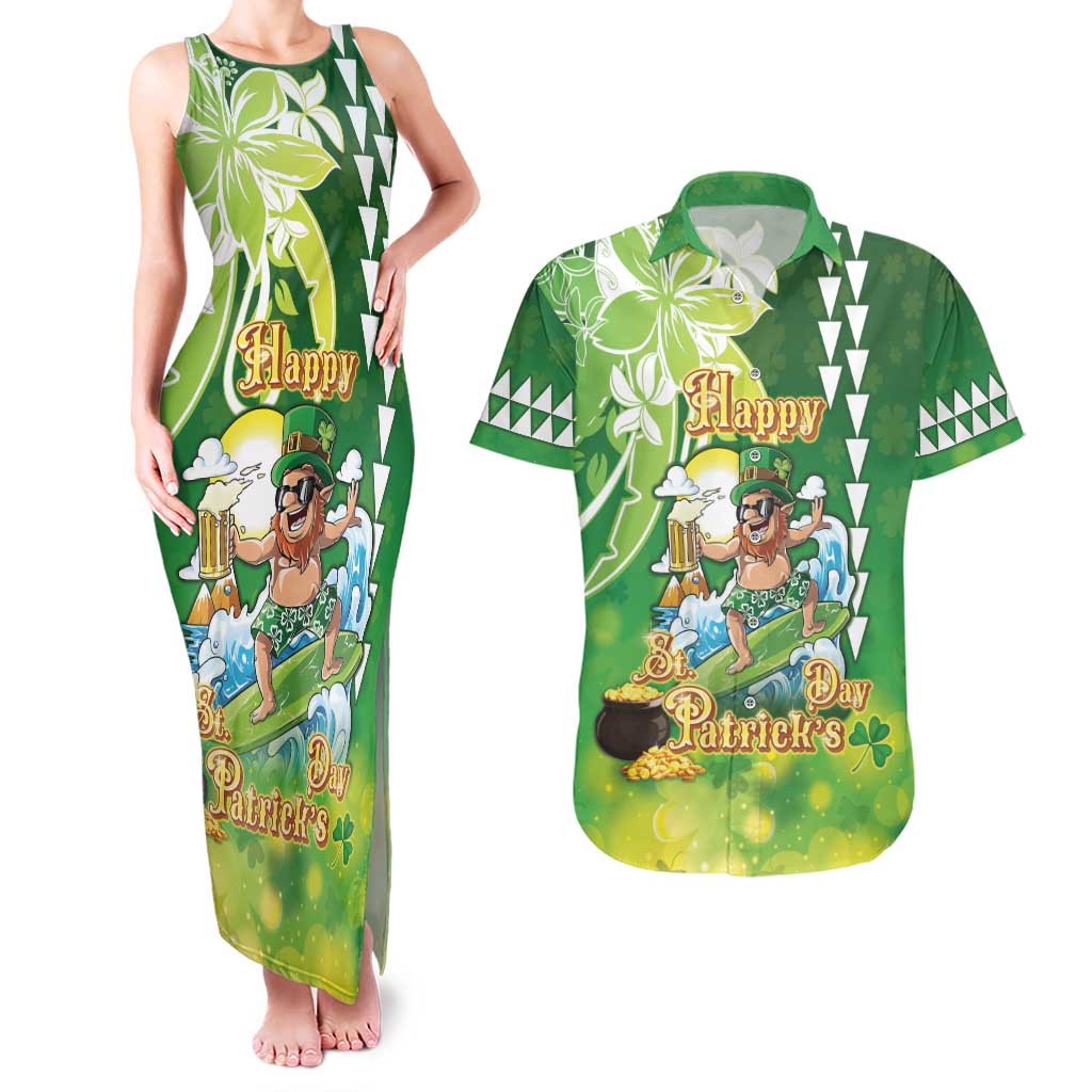 Hawaii Saint Patrick's Day Couples Matching Tank Maxi Dress and Hawaiian Shirt Funny Surfing Leprechaun LT05 Green - Polynesian Pride