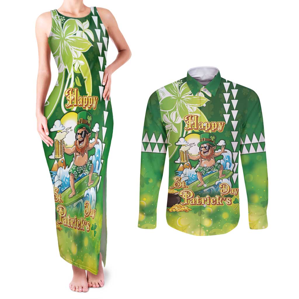 Hawaii Saint Patrick's Day Couples Matching Tank Maxi Dress and Long Sleeve Button Shirt Funny Surfing Leprechaun LT05 Green - Polynesian Pride
