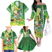 Hawaii Saint Patrick's Day Family Matching Off The Shoulder Long Sleeve Dress and Hawaiian Shirt Funny Surfing Leprechaun