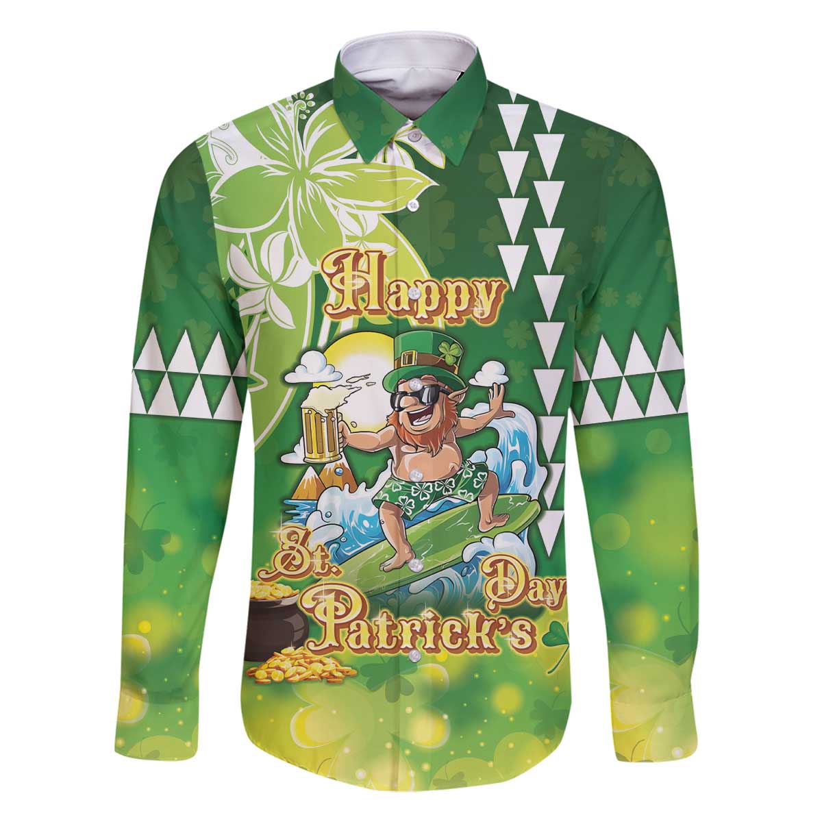 Hawaii Saint Patrick's Day Family Matching Off The Shoulder Long Sleeve Dress and Hawaiian Shirt Funny Surfing Leprechaun