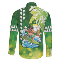 Hawaii Saint Patrick's Day Family Matching Off The Shoulder Long Sleeve Dress and Hawaiian Shirt Funny Surfing Leprechaun