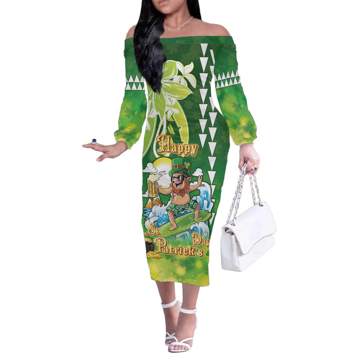 Hawaii Saint Patrick's Day Family Matching Off The Shoulder Long Sleeve Dress and Hawaiian Shirt Funny Surfing Leprechaun