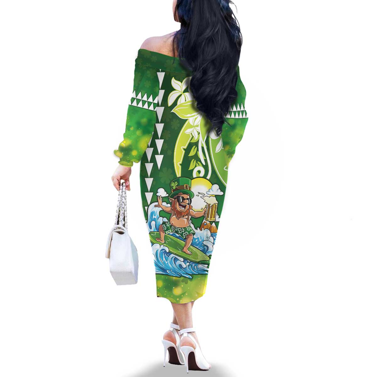 Hawaii Saint Patrick's Day Family Matching Off The Shoulder Long Sleeve Dress and Hawaiian Shirt Funny Surfing Leprechaun