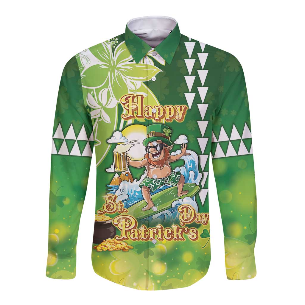 Hawaii Saint Patrick's Day Long Sleeve Button Shirt Funny Surfing Leprechaun LT05 Unisex Green - Polynesian Pride