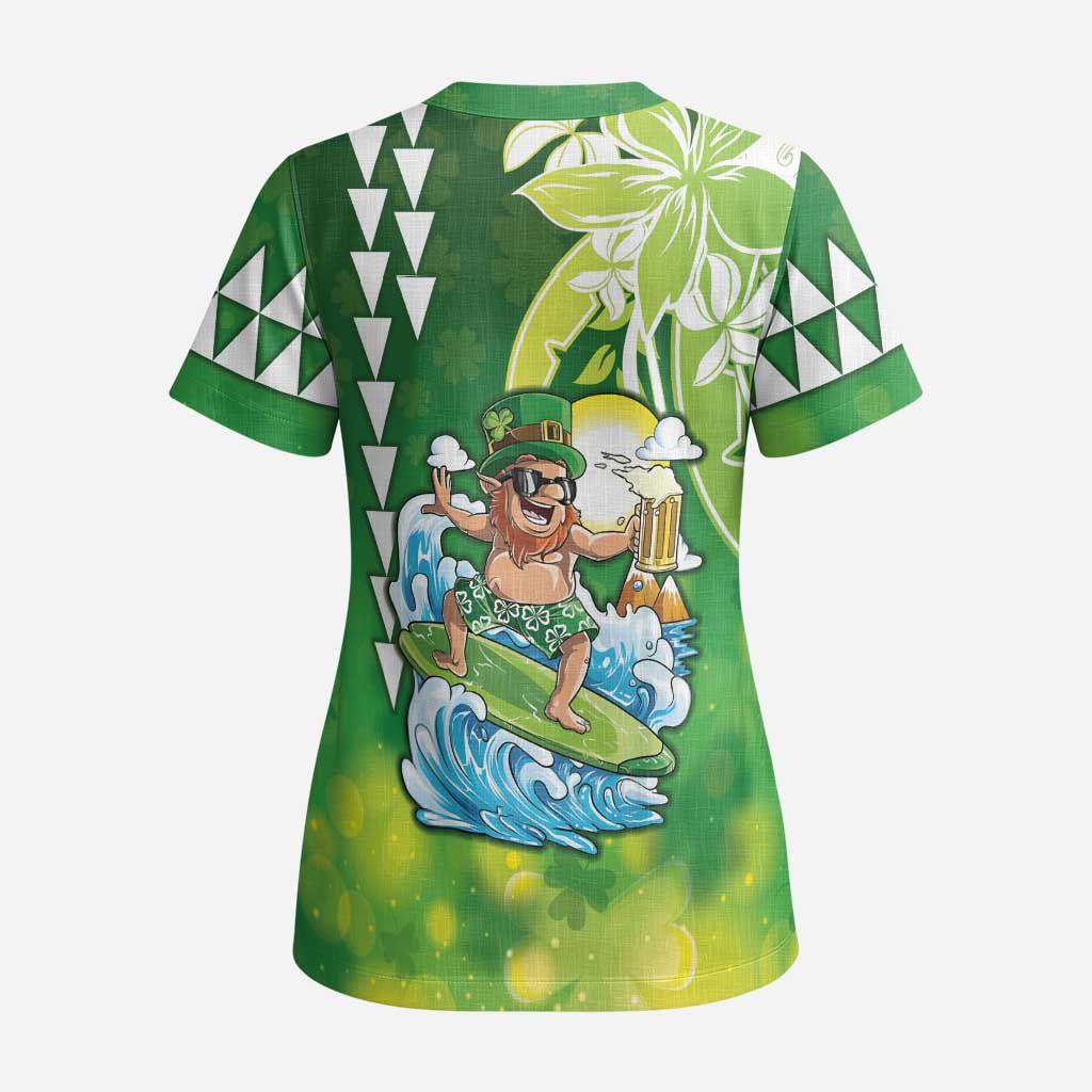 Hawaii Saint Patrick's Day Scrub Top Funny Surfing Leprechaun - Polynesian Pride