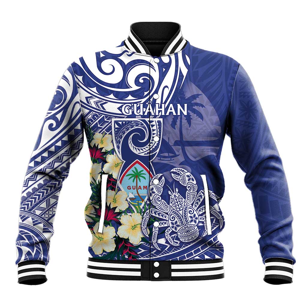 Personalised Hafa Adai Guam Baseball Jacket Latte Stone With Coconut Crab LT05 Unisex Blue - Polynesian Pride