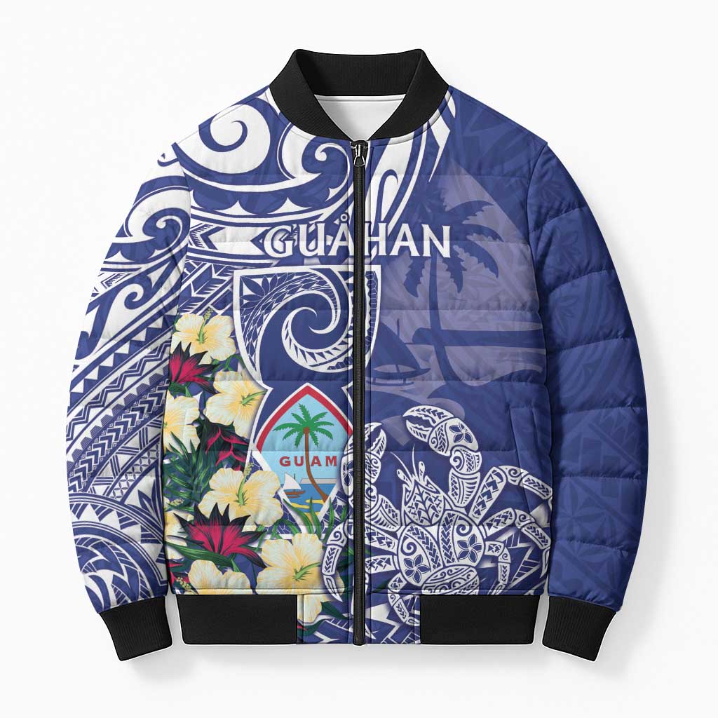 Personalised Hafa Adai Guam Bomber Puffer Jacket Latte Stone With Coconut Crab LT05 Unisex Blue - Polynesian Pride