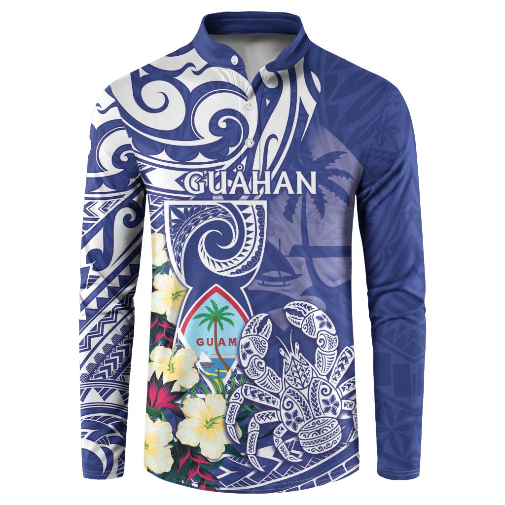 Personalised Hafa Adai Guam Button Sweatshirt Latte Stone With Coconut Crab LT05 Blue - Polynesian Pride