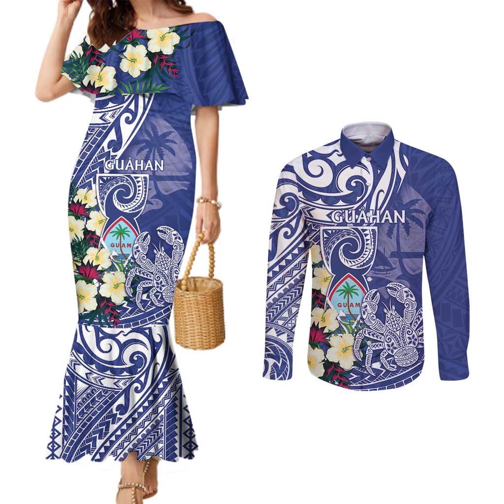 Personalised Hafa Adai Guam Couples Matching Mermaid Dress and Long Sleeve Button Shirt Latte Stone With Coconut Crab LT05 Blue - Polynesian Pride