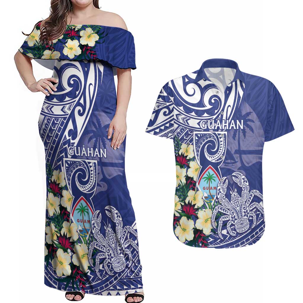 Personalised Hafa Adai Guam Couples Matching Off Shoulder Maxi Dress and Hawaiian Shirt Latte Stone With Coconut Crab LT05 Blue - Polynesian Pride