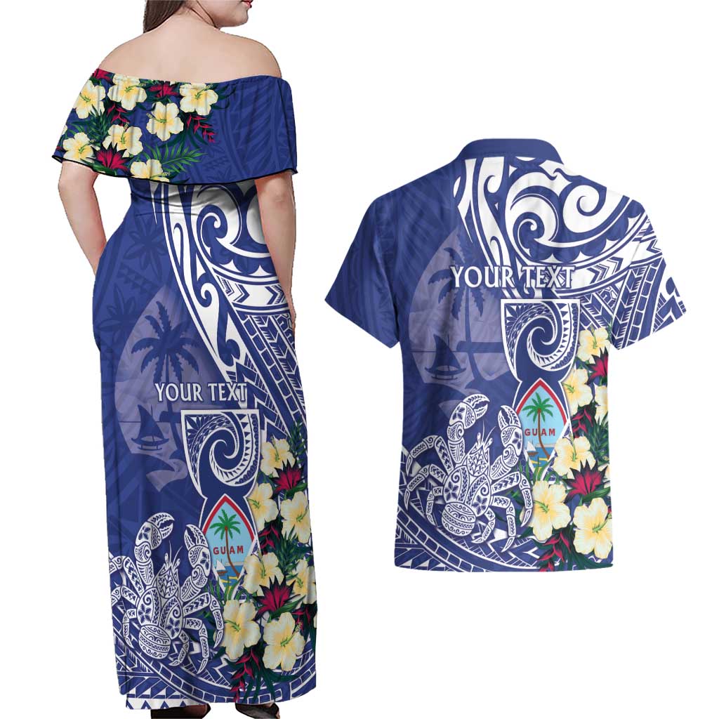 Personalised Hafa Adai Guam Couples Matching Off Shoulder Maxi Dress and Hawaiian Shirt Latte Stone With Coconut Crab