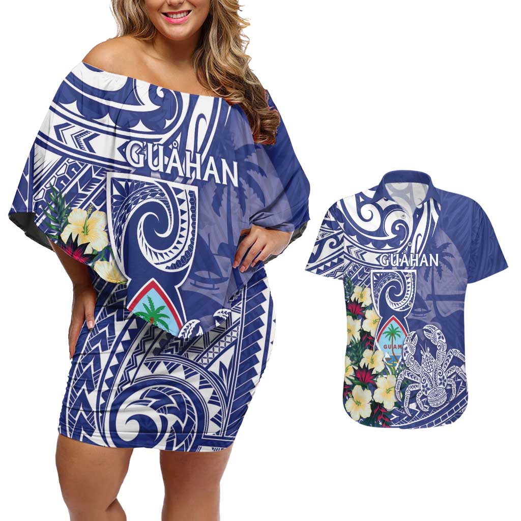 Personalised Hafa Adai Guam Couples Matching Off Shoulder Short Dress and Hawaiian Shirt Latte Stone With Coconut Crab