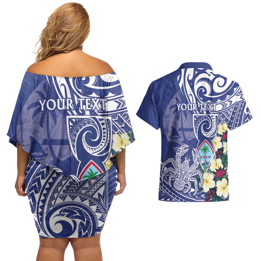 Personalised Hafa Adai Guam Couples Matching Off Shoulder Short Dress and Hawaiian Shirt Latte Stone With Coconut Crab