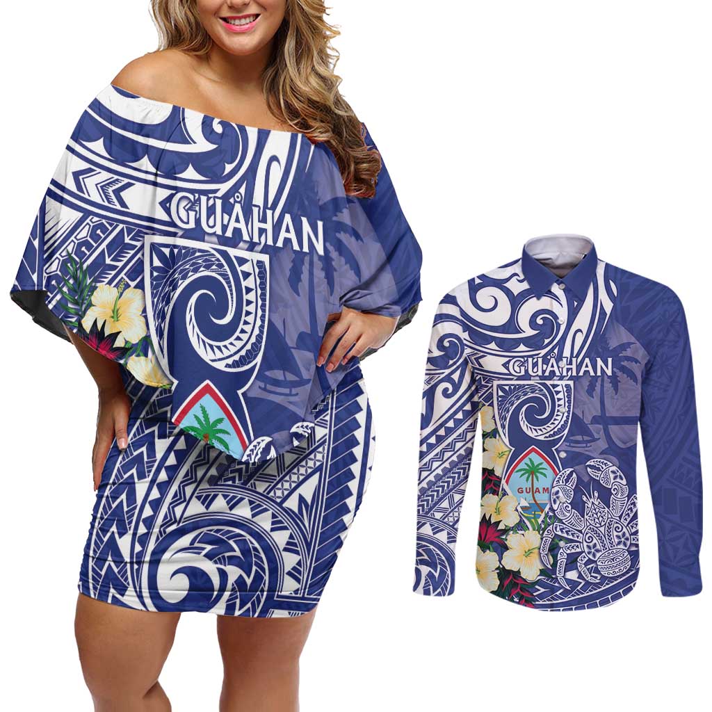 Personalised Hafa Adai Guam Couples Matching Off Shoulder Short Dress and Long Sleeve Button Shirt Latte Stone With Coconut Crab