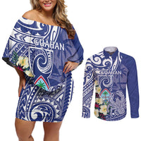 Personalised Hafa Adai Guam Couples Matching Off Shoulder Short Dress and Long Sleeve Button Shirt Latte Stone With Coconut Crab