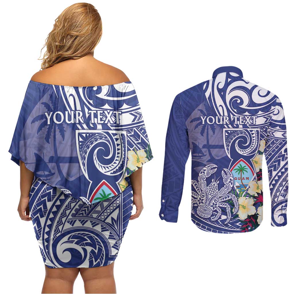 Personalised Hafa Adai Guam Couples Matching Off Shoulder Short Dress and Long Sleeve Button Shirt Latte Stone With Coconut Crab