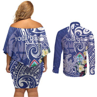 Personalised Hafa Adai Guam Couples Matching Off Shoulder Short Dress and Long Sleeve Button Shirt Latte Stone With Coconut Crab