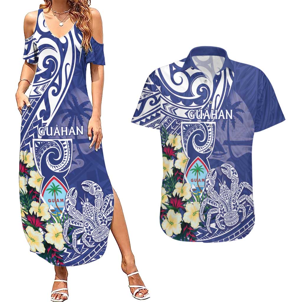 Personalised Hafa Adai Guam Couples Matching Summer Maxi Dress and Hawaiian Shirt Latte Stone With Coconut Crab LT05 Blue - Polynesian Pride