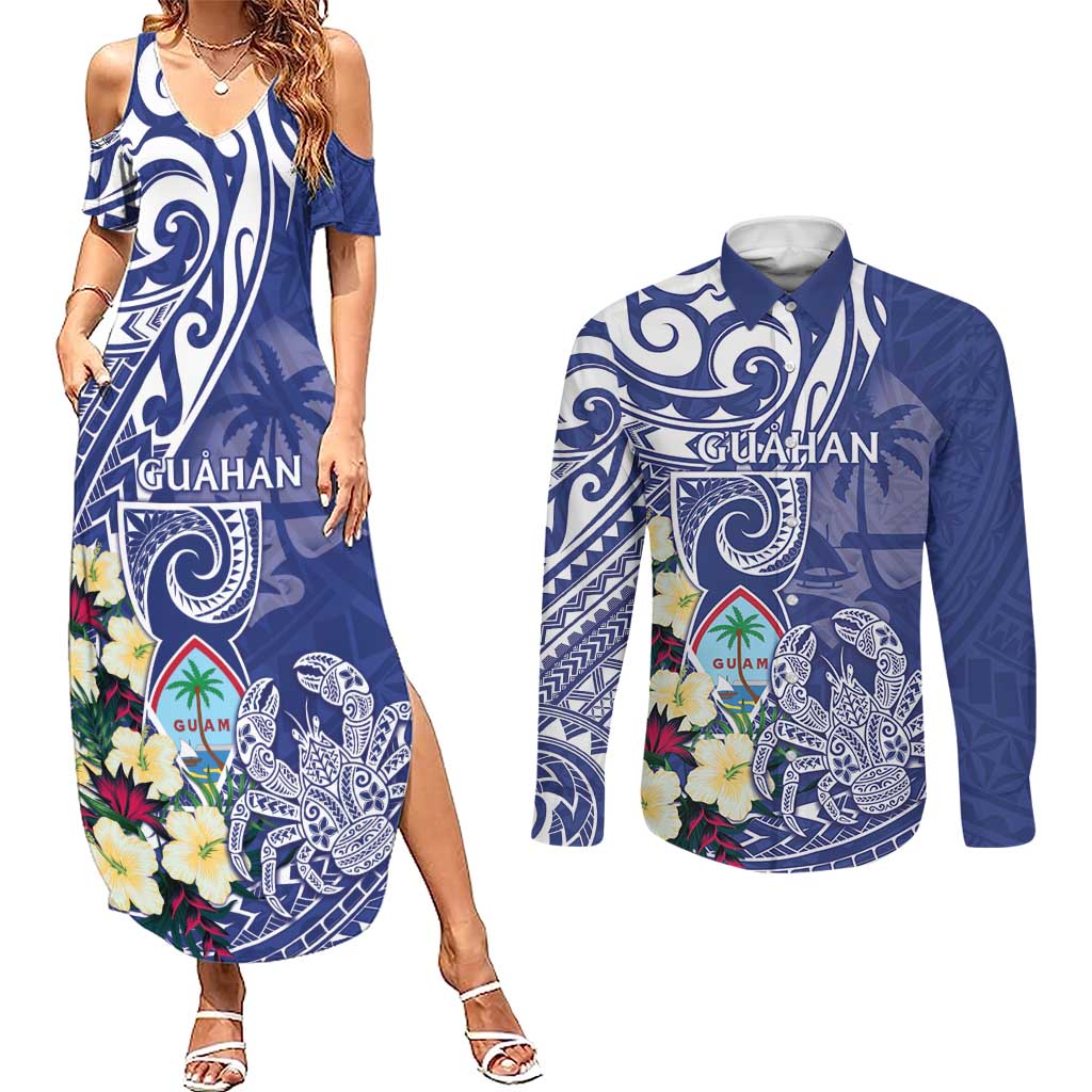 Personalised Hafa Adai Guam Couples Matching Summer Maxi Dress and Long Sleeve Button Shirt Latte Stone With Coconut Crab LT05 Blue - Polynesian Pride