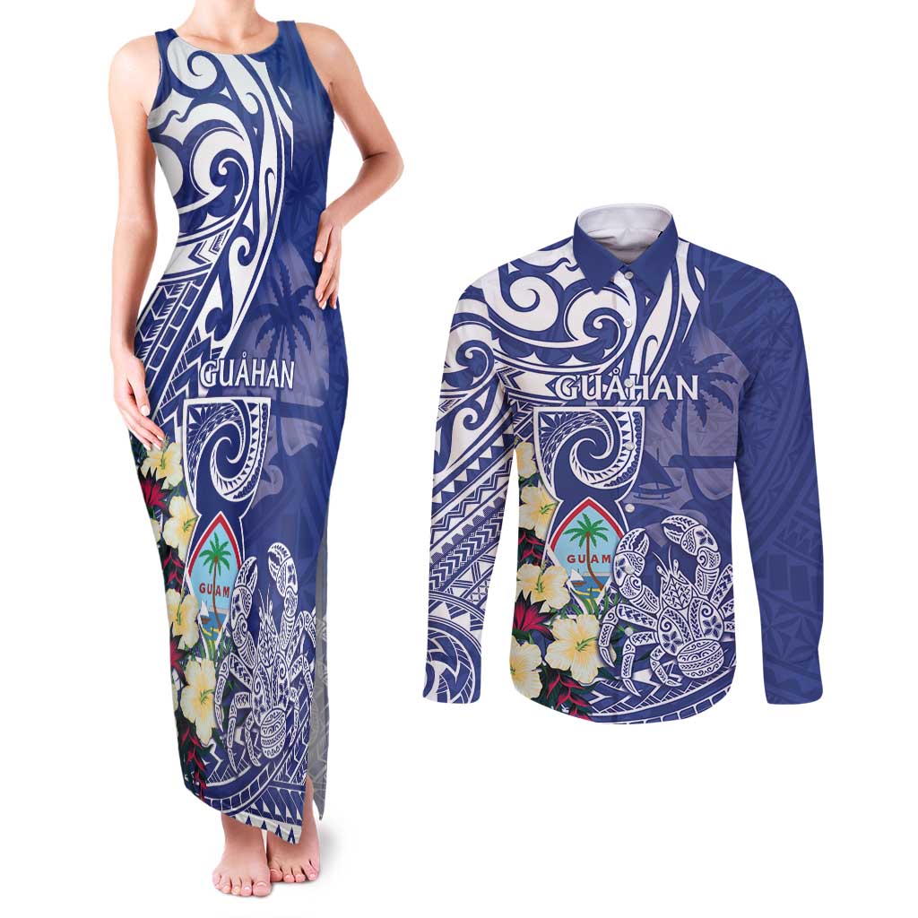 Personalised Hafa Adai Guam Couples Matching Tank Maxi Dress and Long Sleeve Button Shirt Latte Stone With Coconut Crab LT05 Blue - Polynesian Pride