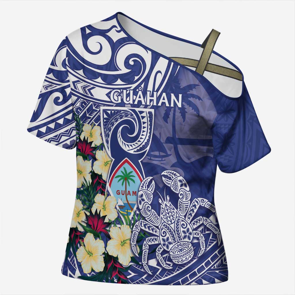Personalised Hafa Adai Guam Cross Shoulder Shirt Latte Stone With Coconut Crab LT05 Female Blue - Polynesian Pride