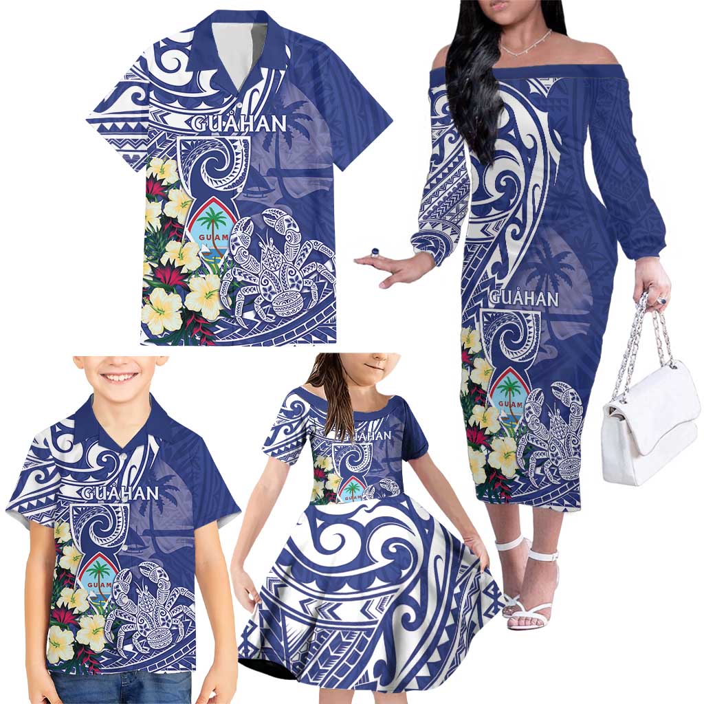 Personalised Hafa Adai Guam Family Matching Off The Shoulder Long Sleeve Dress and Hawaiian Shirt Latte Stone With Coconut Crab LT05 - Polynesian Pride