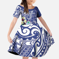 Personalised Hafa Adai Guam Family Matching Off Shoulder Short Dress and Hawaiian Shirt Latte Stone With Coconut Crab LT05 Daughter's Dress Blue - Polynesian Pride
