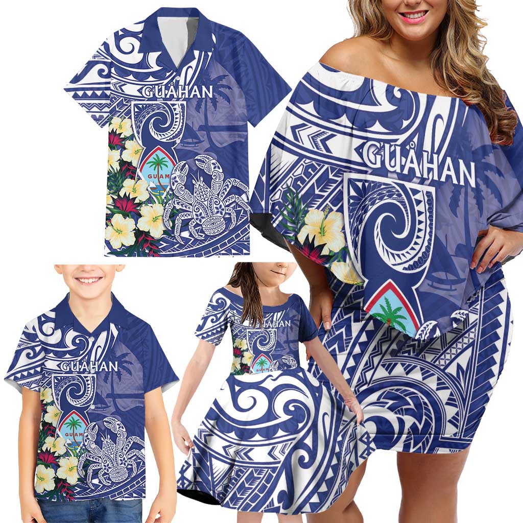 Personalised Hafa Adai Guam Family Matching Off Shoulder Short Dress and Hawaiian Shirt Latte Stone With Coconut Crab