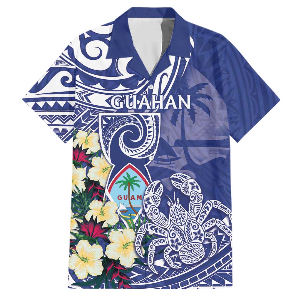 Personalised Hafa Adai Guam Family Matching Off Shoulder Short Dress and Hawaiian Shirt Latte Stone With Coconut Crab LT05 Dad's Shirt - Short Sleeve Blue - Polynesian Pride