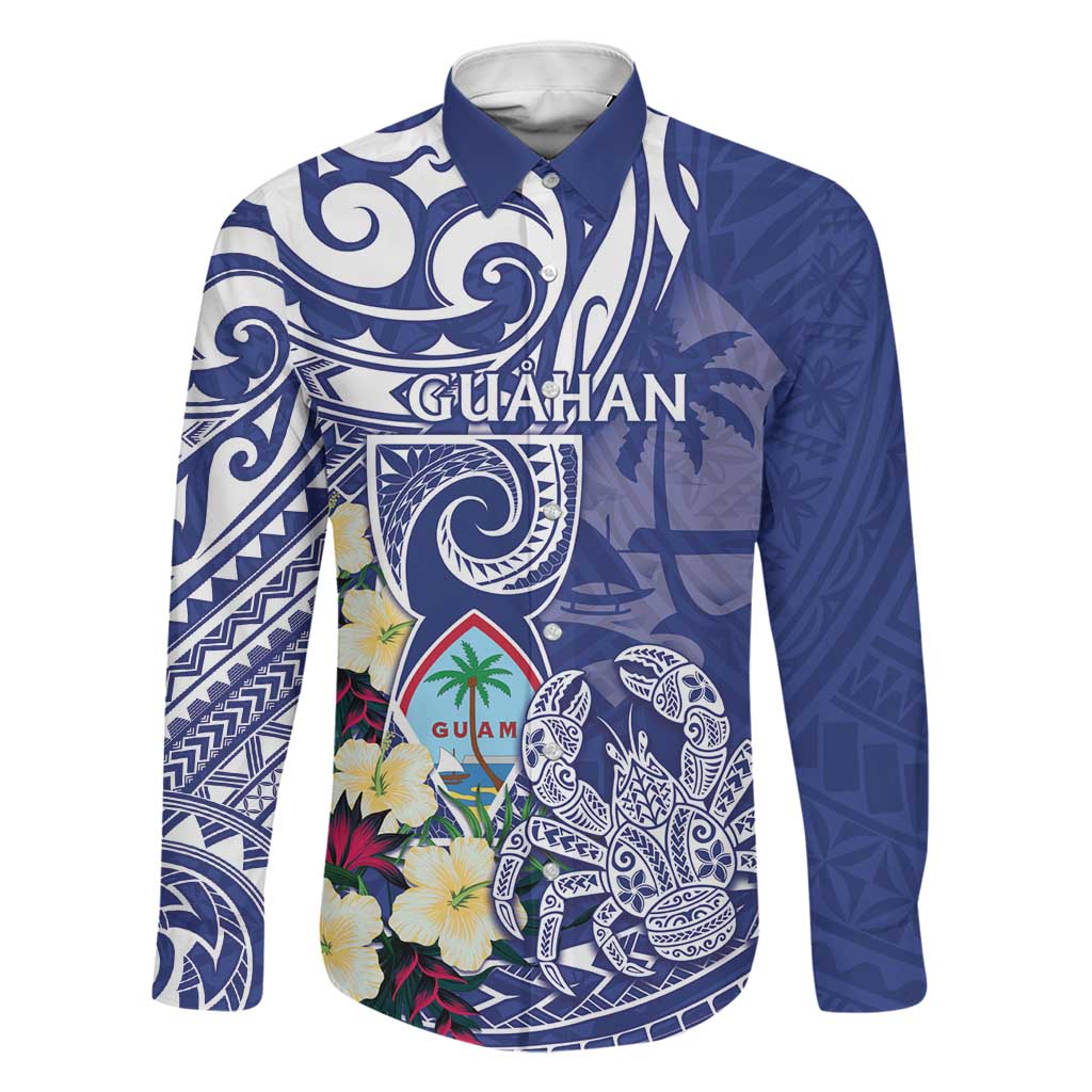 Personalised Hafa Adai Guam Family Matching Off Shoulder Short Dress and Hawaiian Shirt Latte Stone With Coconut Crab LT05 Dad's Shirt - Long Sleeve Blue - Polynesian Pride