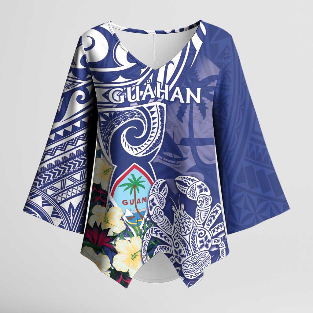 Personalised Hafa Adai Guam Kimono Sleeve Blouse Latte Stone With Coconut Crab LT05 Female Blue - Polynesian Pride